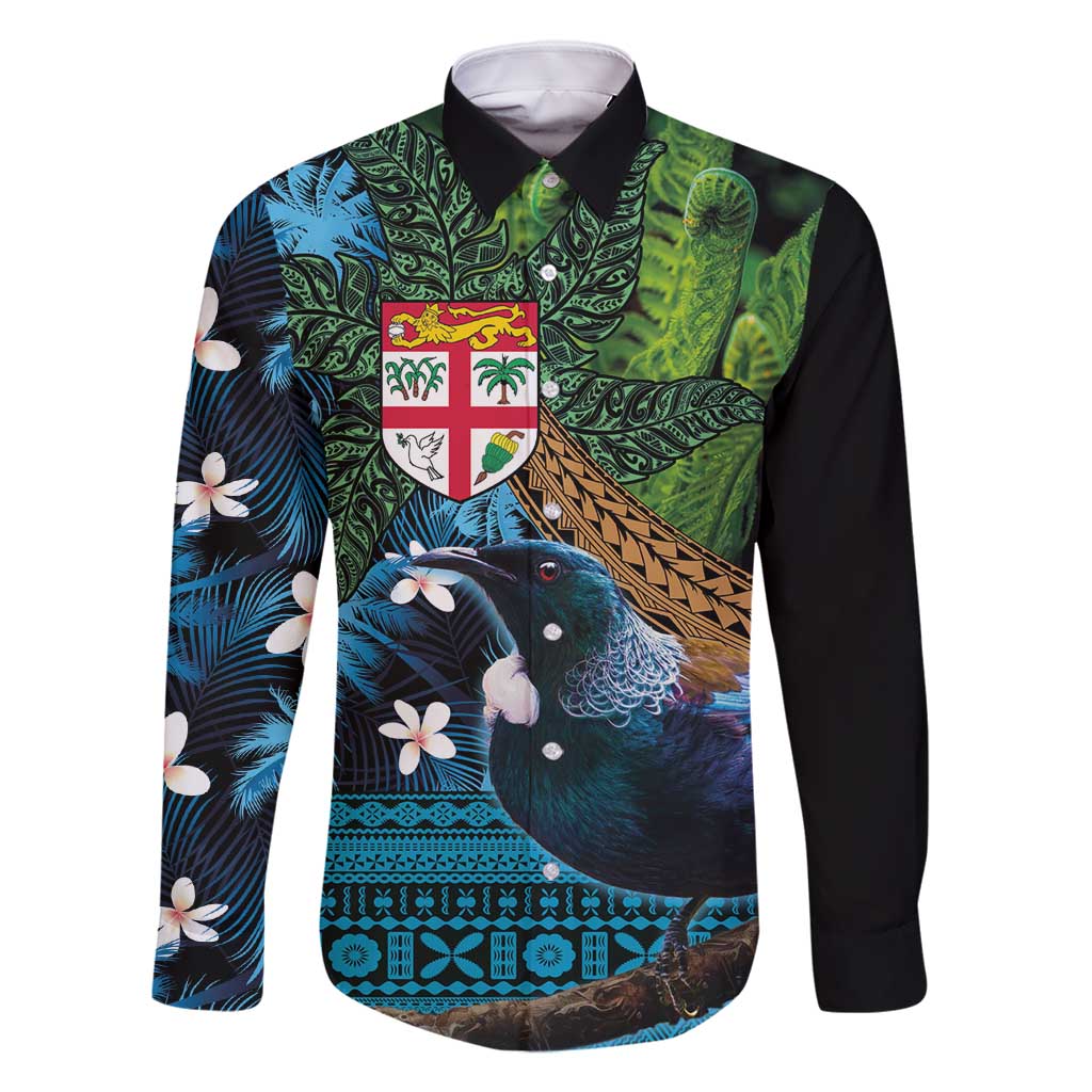 Fiji and New Zealand Tui Bird Family Matching Summer Maxi Dress and Hawaiian Shirt Koru Fern Leafs and Palm Tree With Plumeria LT03 Dad's Shirt - Long Sleeve Blue - Polynesian Pride