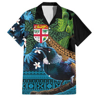Fiji and New Zealand Tui Bird Family Matching Tank Maxi Dress and Hawaiian Shirt Koru Fern Leafs and Palm Tree With Plumeria LT03 Dad's Shirt - Short Sleeve Blue - Polynesian Pride