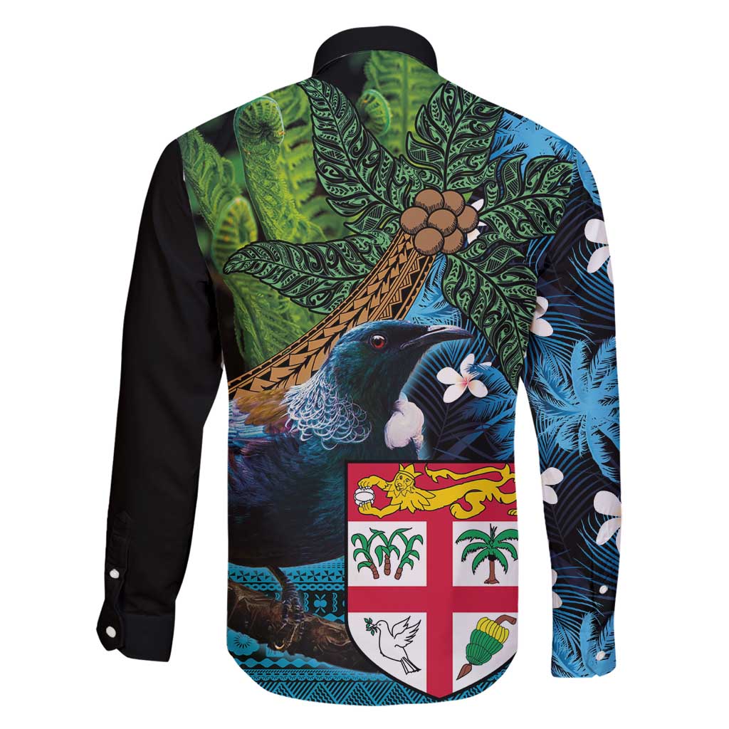 Fiji and New Zealand Tui Bird Family Matching Tank Maxi Dress and Hawaiian Shirt Koru Fern Leafs and Palm Tree With Plumeria LT03 - Polynesian Pride