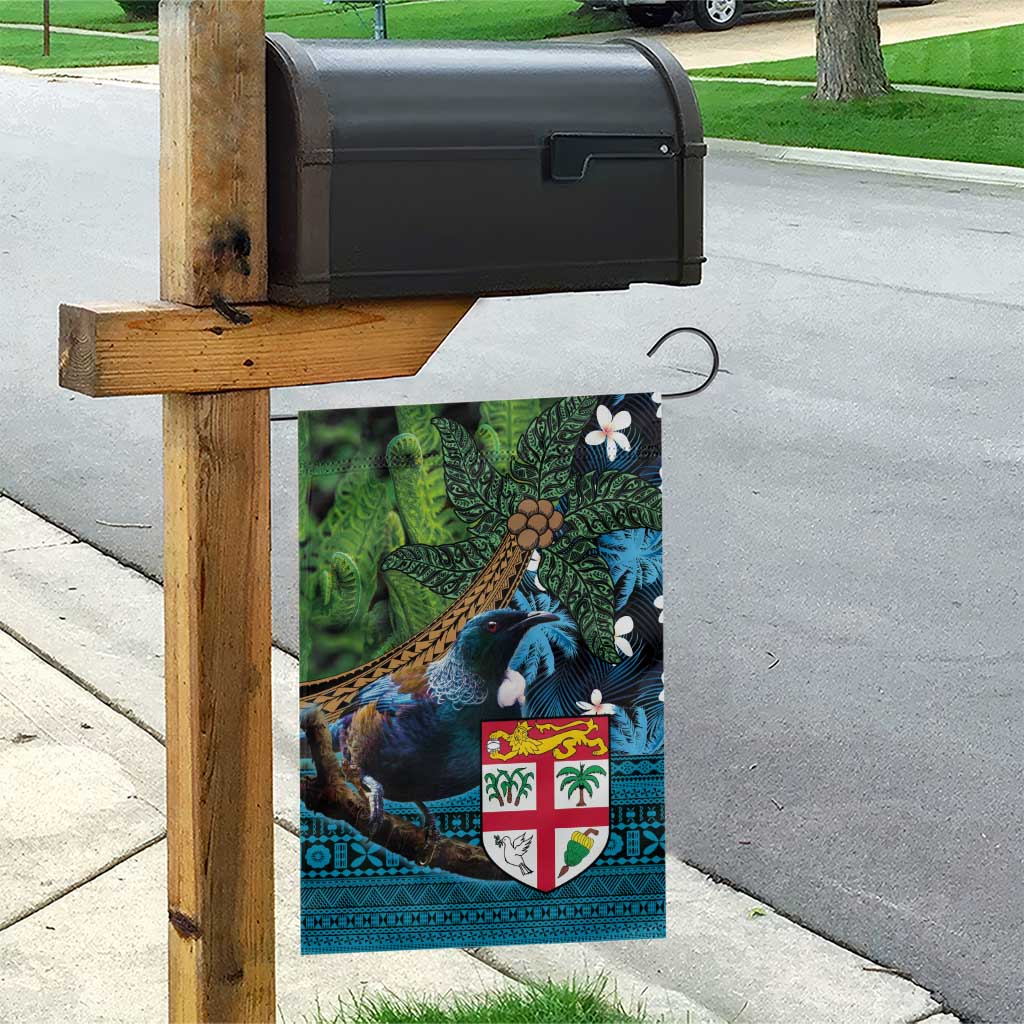 Fiji and New Zealand Tui Bird Garden Flag Koru Fern Leafs and Palm Tree With Plumeria
