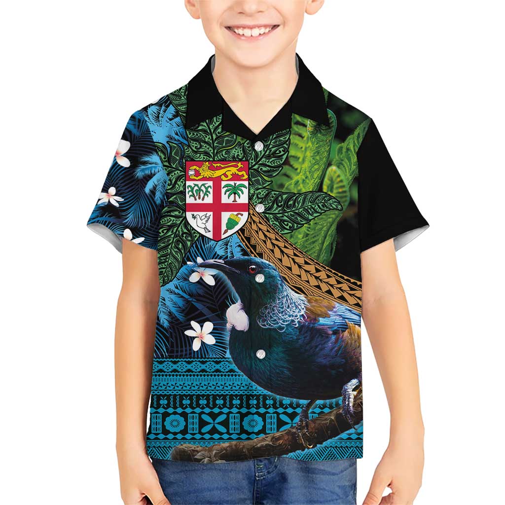 Fiji and New Zealand Tui Bird Hawaiian Shirt Koru Fern Leafs and Palm Tree With Plumeria LT03 - Polynesian Pride