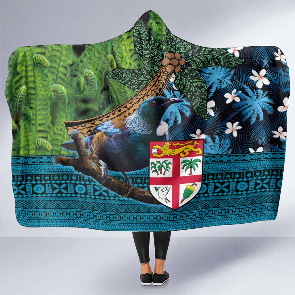 Fiji and New Zealand Tui Bird Hooded Blanket Koru Fern Leafs and Palm Tree With Plumeria LT03 One Size Blue - Polynesian Pride