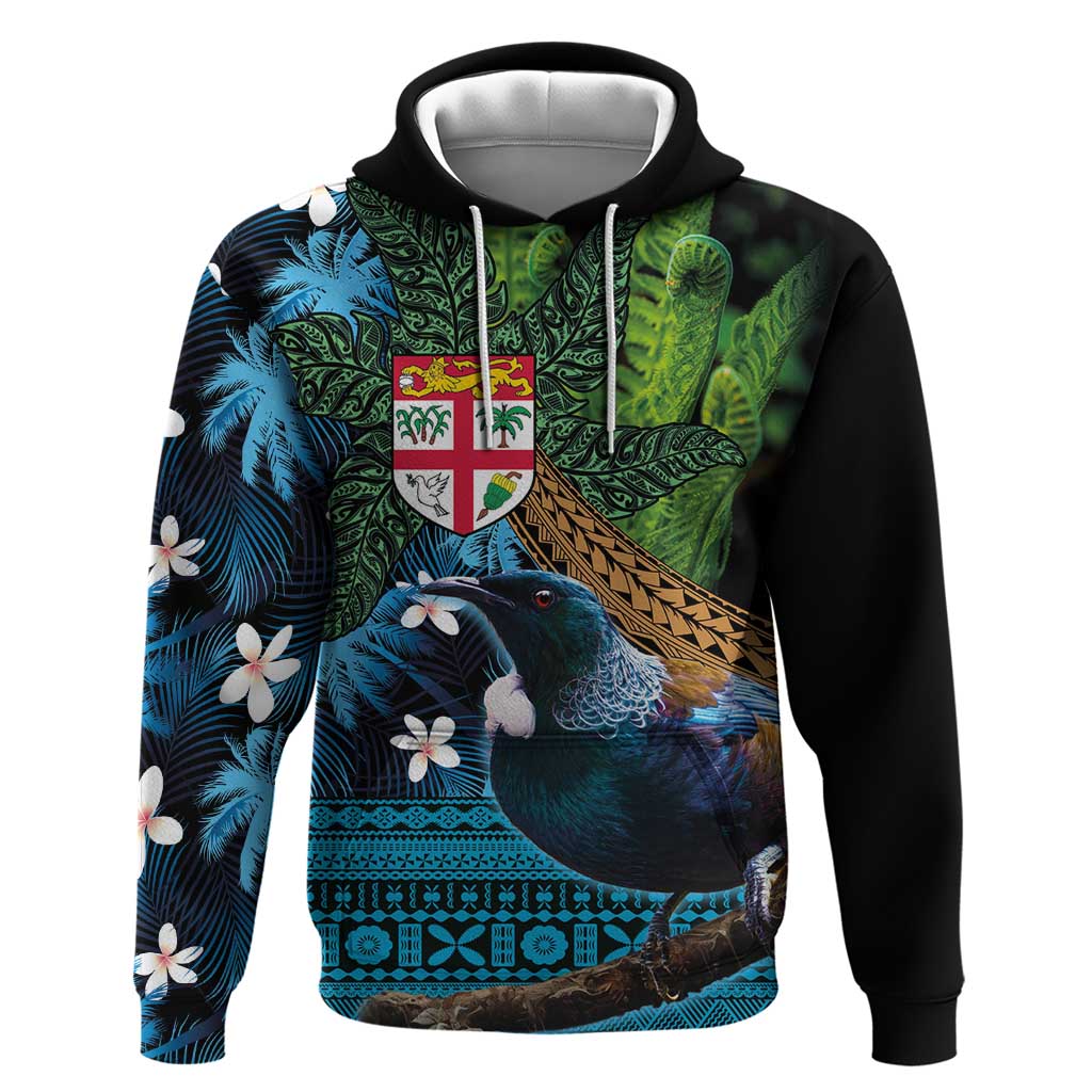 Fiji and New Zealand Tui Bird Hoodie Koru Fern Leafs and Palm Tree With Plumeria LT03 Pullover Hoodie Blue - Polynesian Pride