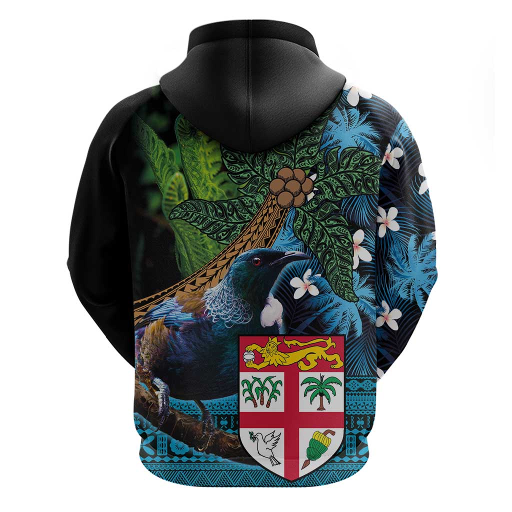 Fiji and New Zealand Tui Bird Hoodie Koru Fern Leafs and Palm Tree With Plumeria LT03 - Polynesian Pride