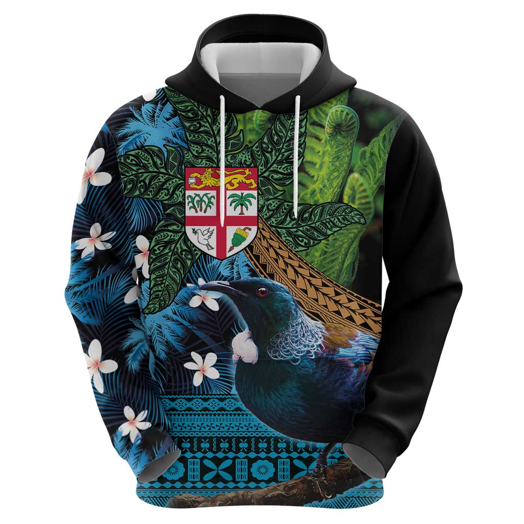 Fiji and New Zealand Tui Bird Hoodie Koru Fern Leafs and Palm Tree With Plumeria LT03 - Polynesian Pride