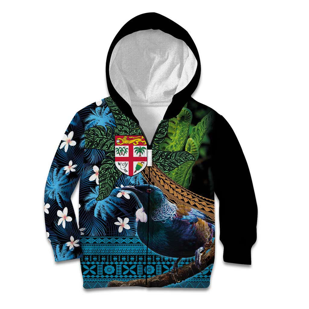 Fiji and New Zealand Tui Bird Kid Hoodie Koru Fern Leafs and Palm Tree With Plumeria LT03 Zip Hoodie Blue - Polynesian Pride