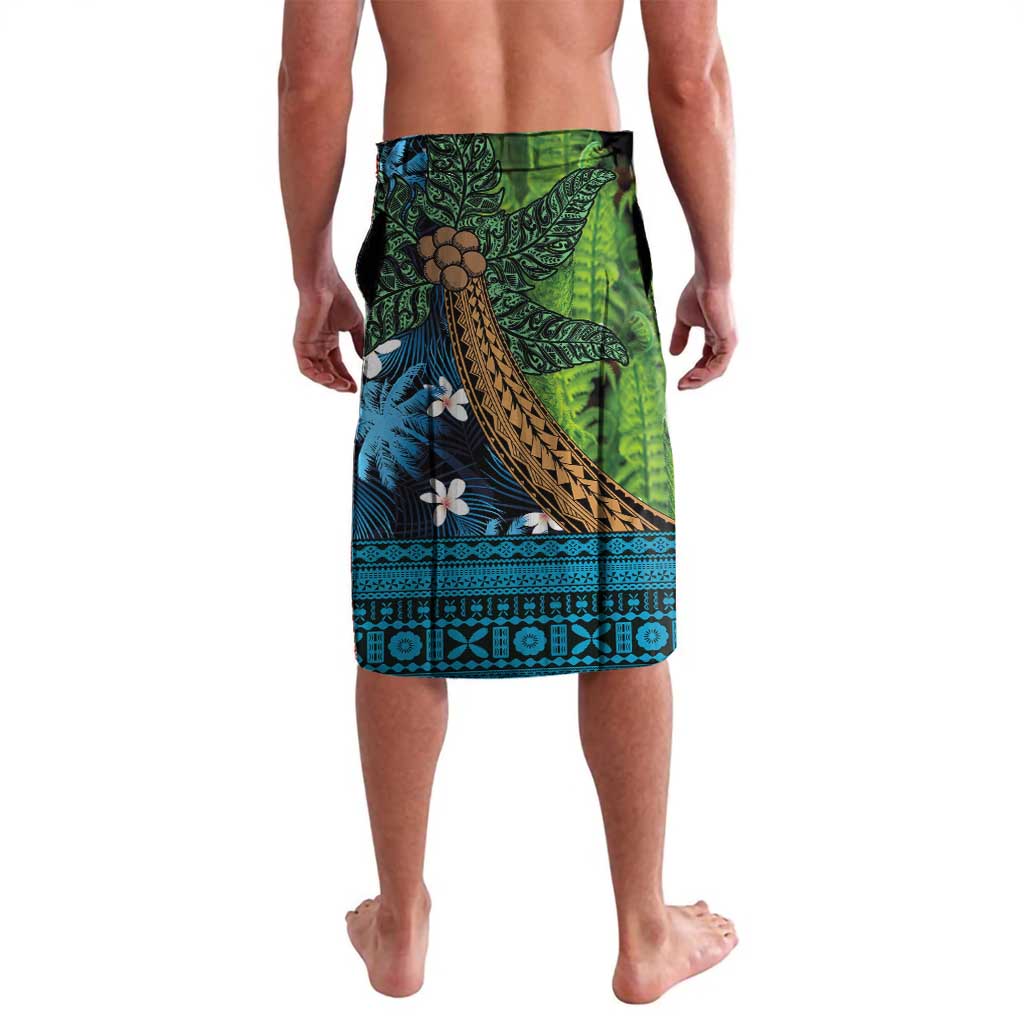 Fiji and New Zealand Tui Bird Lavalava Koru Fern Leafs and Palm Tree With Plumeria