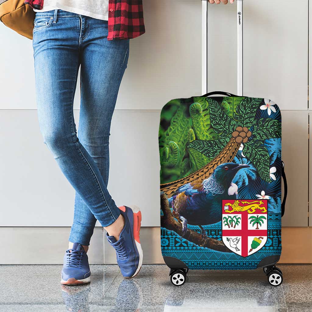Fiji and New Zealand Tui Bird Luggage Cover Koru Fern Leafs and Palm Tree With Plumeria LT03 - Polynesian Pride