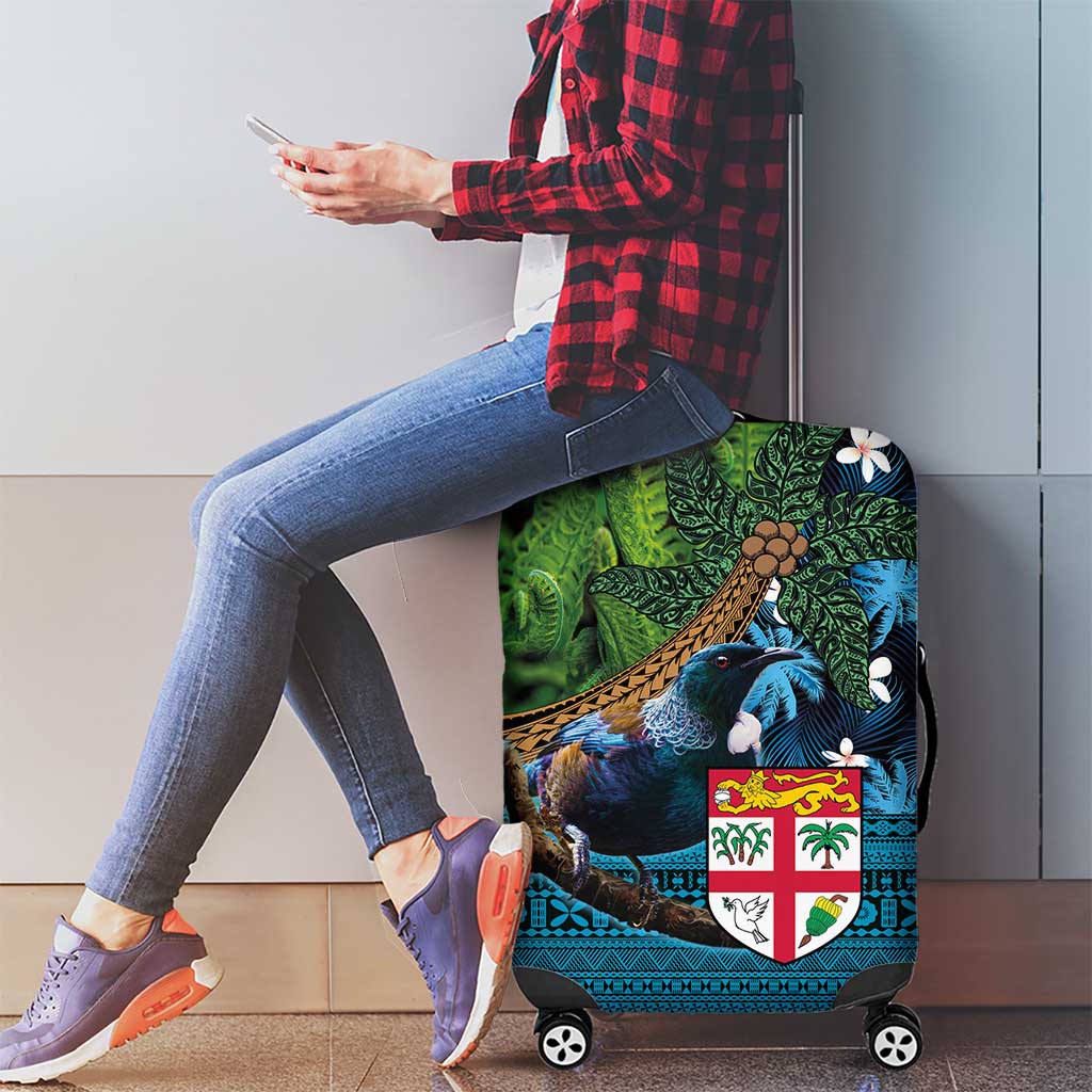 Fiji and New Zealand Tui Bird Luggage Cover Koru Fern Leafs and Palm Tree With Plumeria LT03 - Polynesian Pride