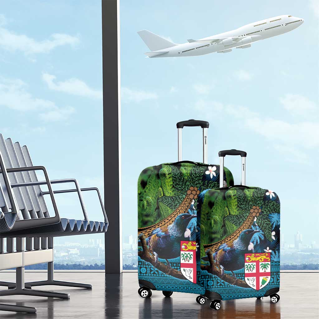 Fiji and New Zealand Tui Bird Luggage Cover Koru Fern Leafs and Palm Tree With Plumeria LT03 - Polynesian Pride