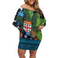 Fiji and New Zealand Tui Bird Off Shoulder Short Dress Koru Fern Leafs and Palm Tree With Plumeria LT03 Women Blue - Polynesian Pride