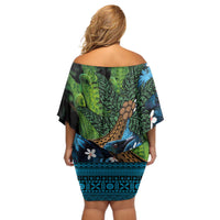 Fiji and New Zealand Tui Bird Off Shoulder Short Dress Koru Fern Leafs and Palm Tree With Plumeria LT03 - Polynesian Pride