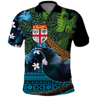 Fiji and New Zealand Tui Bird Polo Shirt Koru Fern Leafs and Palm Tree With Plumeria LT03 Blue - Polynesian Pride