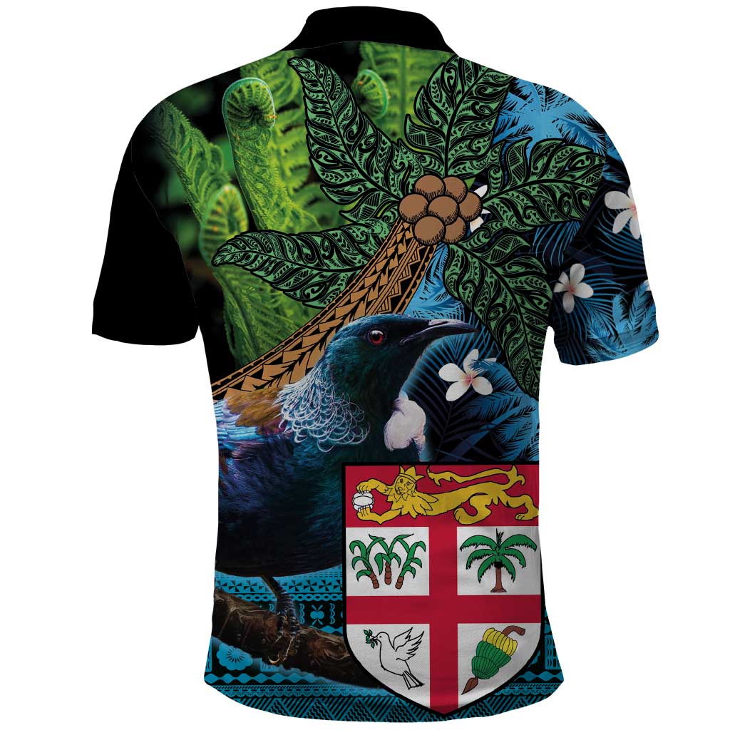 Fiji and New Zealand Tui Bird Polo Shirt Koru Fern Leafs and Palm Tree With Plumeria LT03 - Polynesian Pride