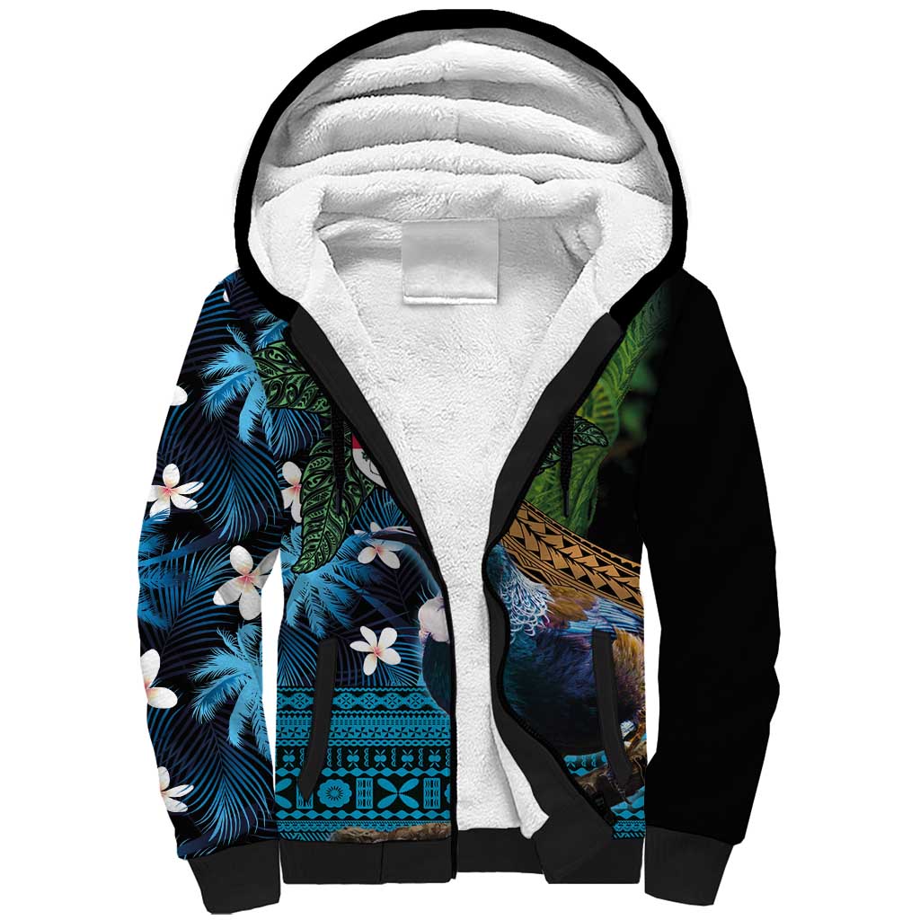 Fiji and New Zealand Tui Bird Sherpa Hoodie Koru Fern Leafs and Palm Tree With Plumeria LT03 Unisex Blue - Polynesian Pride