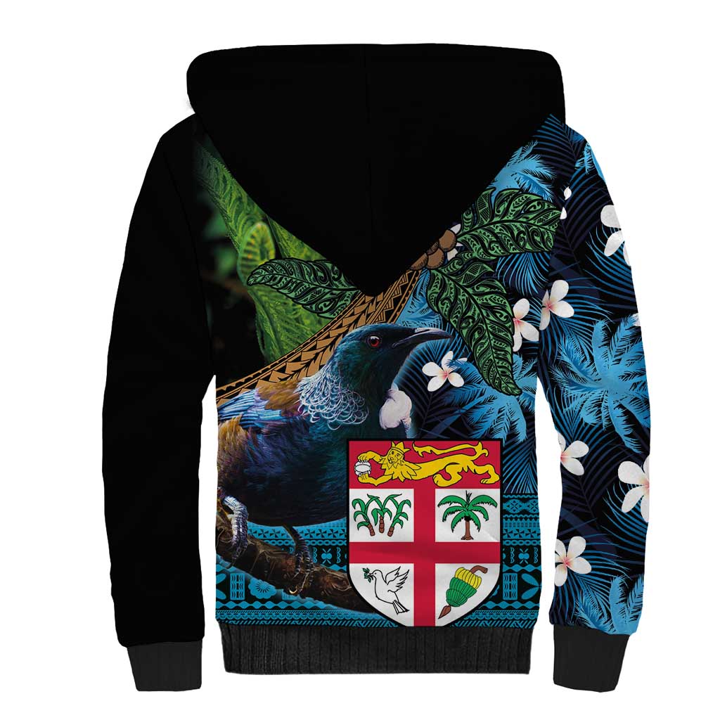 Fiji and New Zealand Tui Bird Sherpa Hoodie Koru Fern Leafs and Palm Tree With Plumeria LT03 - Polynesian Pride