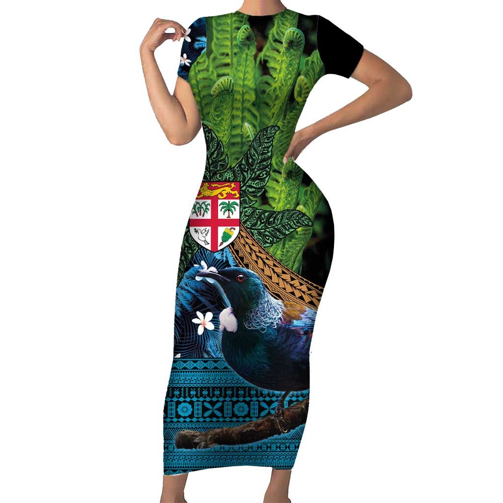 Fiji and New Zealand Tui Bird Short Sleeve Bodycon Dress Koru Fern Leafs and Palm Tree With Plumeria LT03 Long Dress Blue - Polynesian Pride