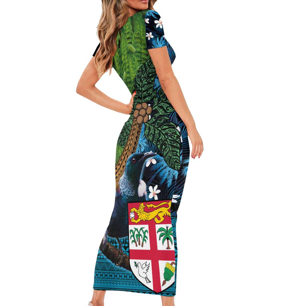Fiji and New Zealand Tui Bird Short Sleeve Bodycon Dress Koru Fern Leafs and Palm Tree With Plumeria LT03 - Polynesian Pride