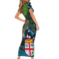 Fiji and New Zealand Tui Bird Short Sleeve Bodycon Dress Koru Fern Leafs and Palm Tree With Plumeria LT03 - Polynesian Pride