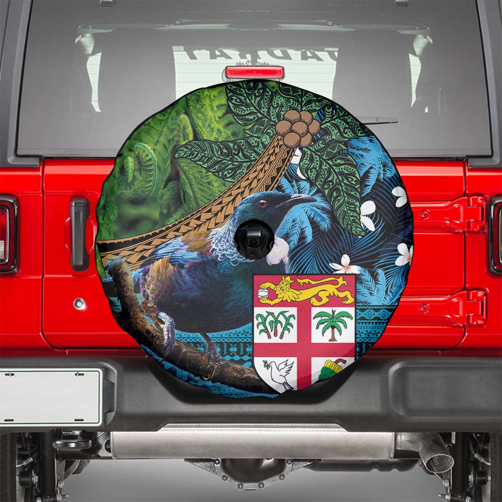 Fiji and New Zealand Tui Bird Spare Tire Cover Koru Fern Leafs and Palm Tree With Plumeria LT03 - Polynesian Pride