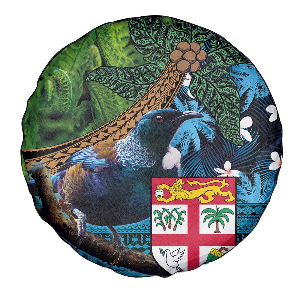 Fiji and New Zealand Tui Bird Spare Tire Cover Koru Fern Leafs and Palm Tree With Plumeria LT03 - Polynesian Pride