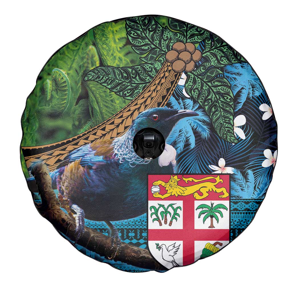 Fiji and New Zealand Tui Bird Spare Tire Cover Koru Fern Leafs and Palm Tree With Plumeria LT03 - Polynesian Pride