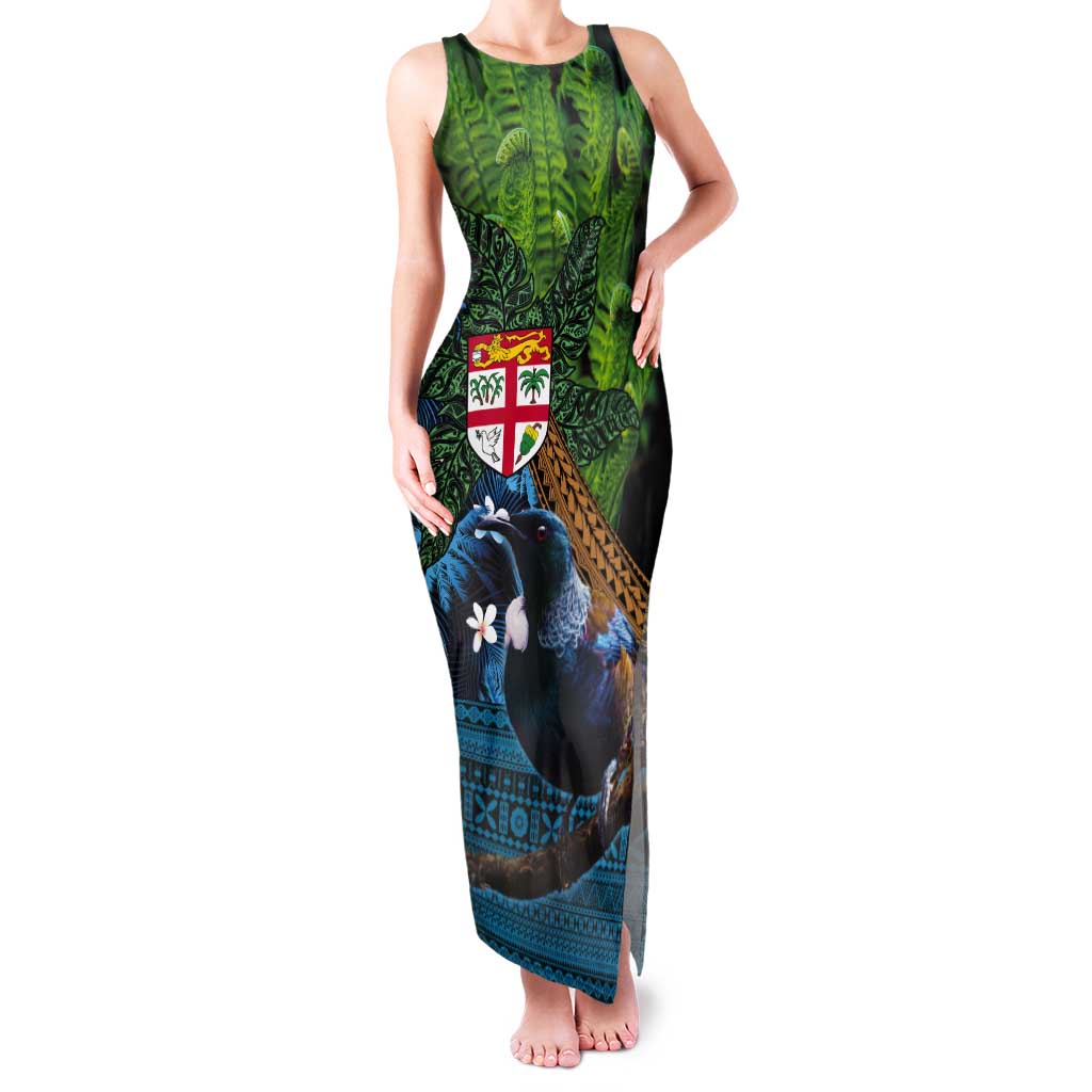 Fiji and New Zealand Tui Bird Tank Maxi Dress Koru Fern Leafs and Palm Tree With Plumeria LT03 Women Blue - Polynesian Pride