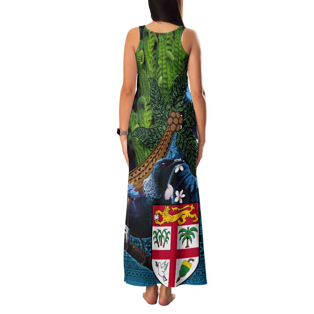 Fiji and New Zealand Tui Bird Tank Maxi Dress Koru Fern Leafs and Palm Tree With Plumeria LT03 - Polynesian Pride