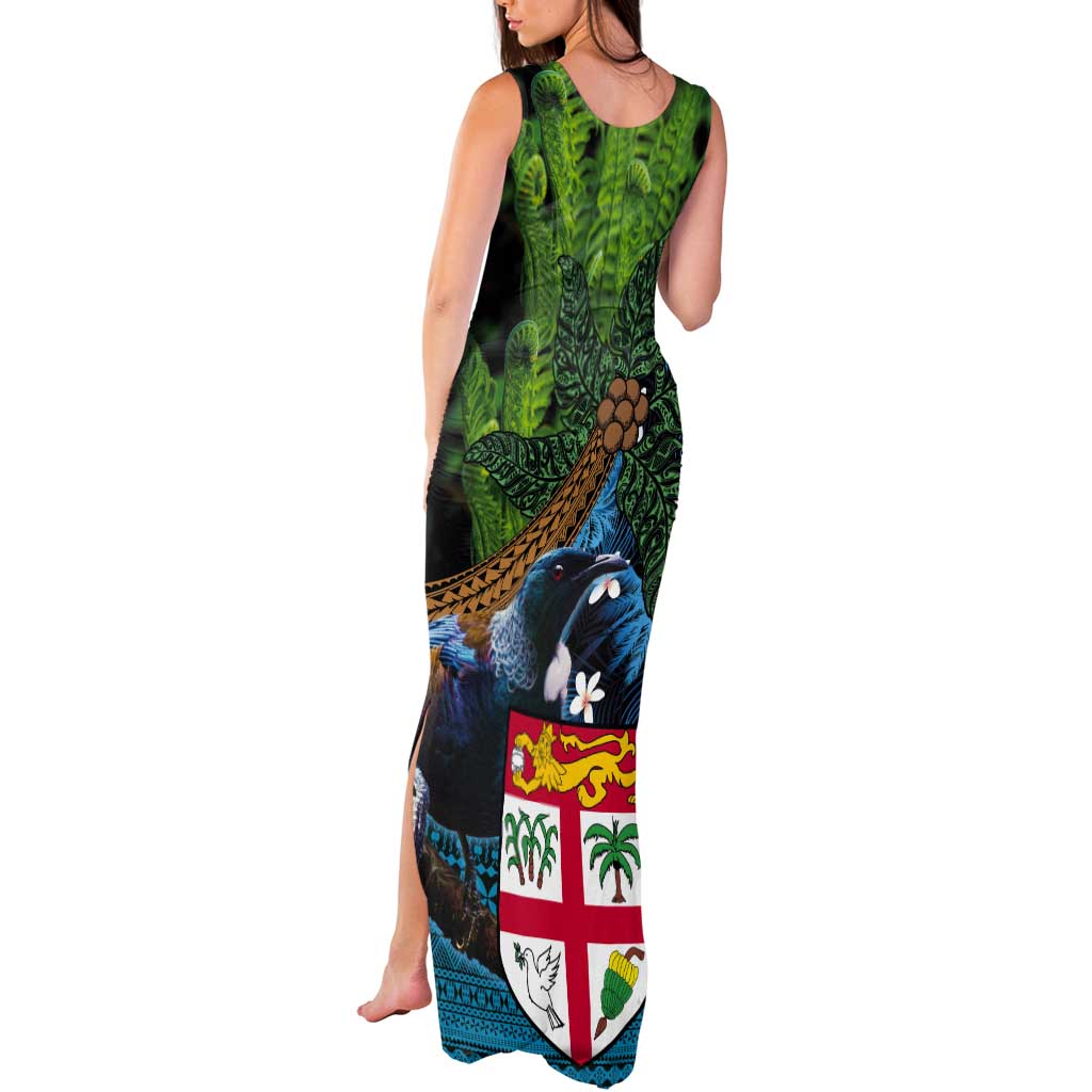 Fiji and New Zealand Tui Bird Tank Maxi Dress Koru Fern Leafs and Palm Tree With Plumeria LT03 - Polynesian Pride