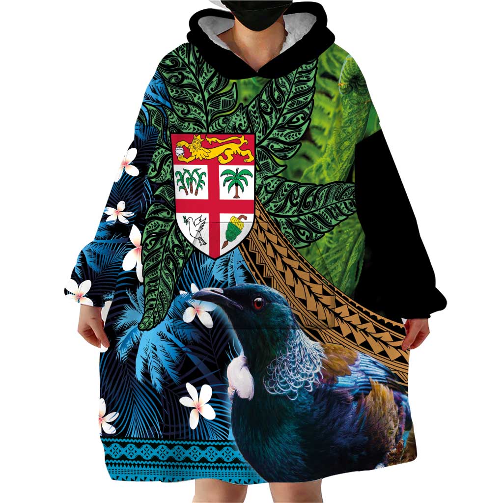 Fiji and New Zealand Tui Bird Wearable Blanket Hoodie Koru Fern Leafs and Palm Tree With Plumeria LT03 - Polynesian Pride