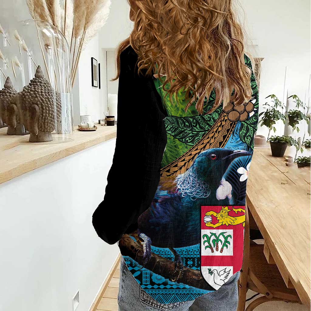 Fiji and New Zealand Tui Bird Women Casual Shirt Koru Fern Leafs and Palm Tree With Plumeria LT03 - Polynesian Pride