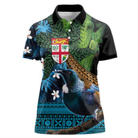 Fiji and New Zealand Tui Bird Women Polo Shirt Koru Fern Leafs and Palm Tree With Plumeria LT03 Female Blue - Polynesian Pride