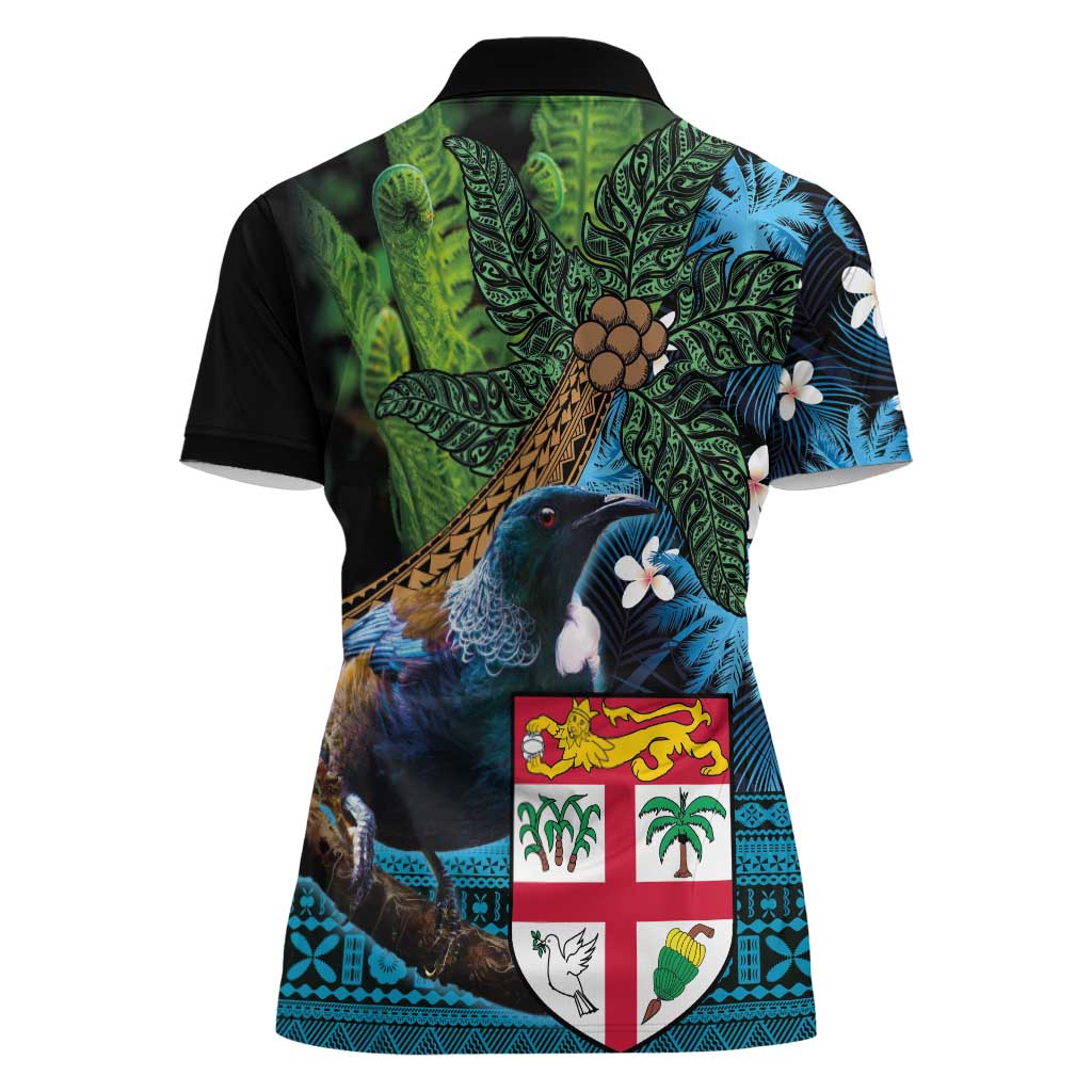 Fiji and New Zealand Tui Bird Women Polo Shirt Koru Fern Leafs and Palm Tree With Plumeria LT03 - Polynesian Pride