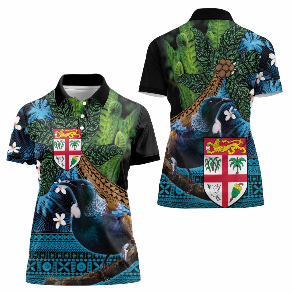 Fiji and New Zealand Tui Bird Women Polo Shirt Koru Fern Leafs and Palm Tree With Plumeria LT03 - Polynesian Pride