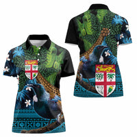 Fiji and New Zealand Tui Bird Women Polo Shirt Koru Fern Leafs and Palm Tree With Plumeria LT03 - Polynesian Pride