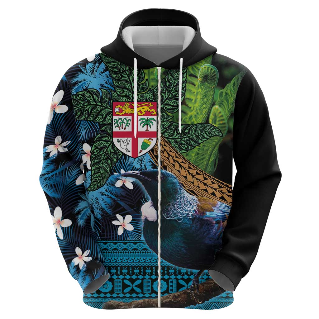 Fiji and New Zealand Tui Bird Zip Hoodie Koru Fern Leafs and Palm Tree With Plumeria