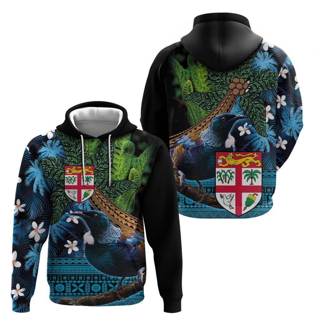 Fiji and New Zealand Tui Bird Zip Hoodie Koru Fern Leafs and Palm Tree With Plumeria