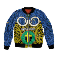 Vanuatu Tafea Province Bomber Jacket Pig Tusk Mix Maori Pattern and Namele Leaf LT03 Unisex Blue - Polynesian Pride