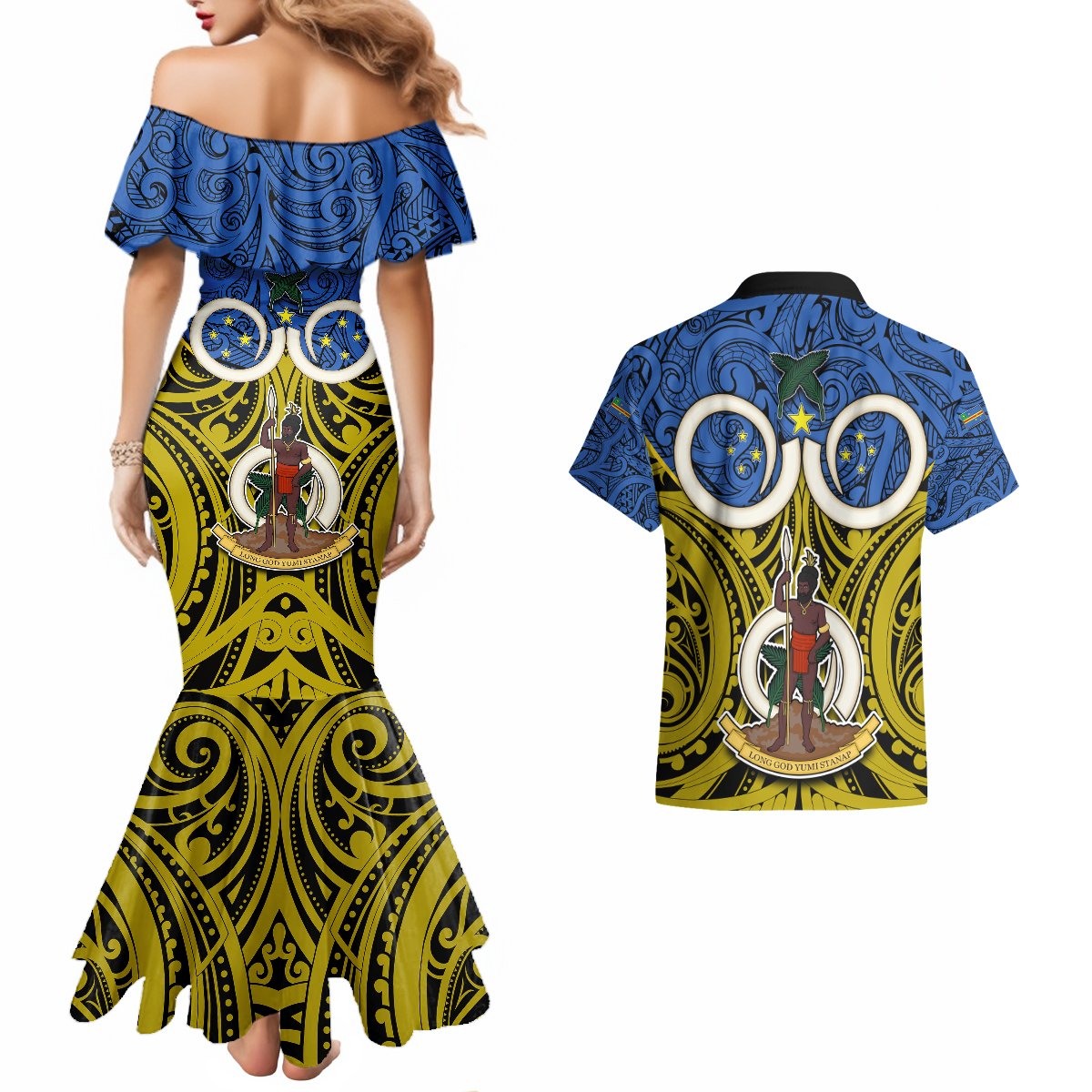 Vanuatu Tafea Province Couples Matching Mermaid Dress and Hawaiian Shirt Pig Tusk Mix Maori Pattern and Namele Leaf LT03 - Polynesian Pride