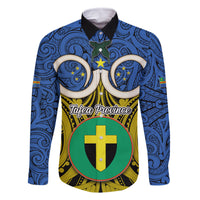 Vanuatu Tafea Province Family Matching Off Shoulder Maxi Dress and Hawaiian Shirt Pig Tusk Mix Maori Pattern and Namele Leaf LT03 Dad's Shirt - Long Sleeve Blue - Polynesian Pride