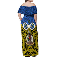 Vanuatu Tafea Province Off Shoulder Maxi Dress Pig Tusk Mix Maori Pattern and Namele Leaf LT03 - Polynesian Pride