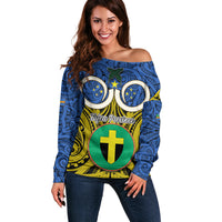 Vanuatu Tafea Province Off Shoulder Sweater Pig Tusk Mix Maori Pattern and Namele Leaf LT03 Women Blue - Polynesian Pride