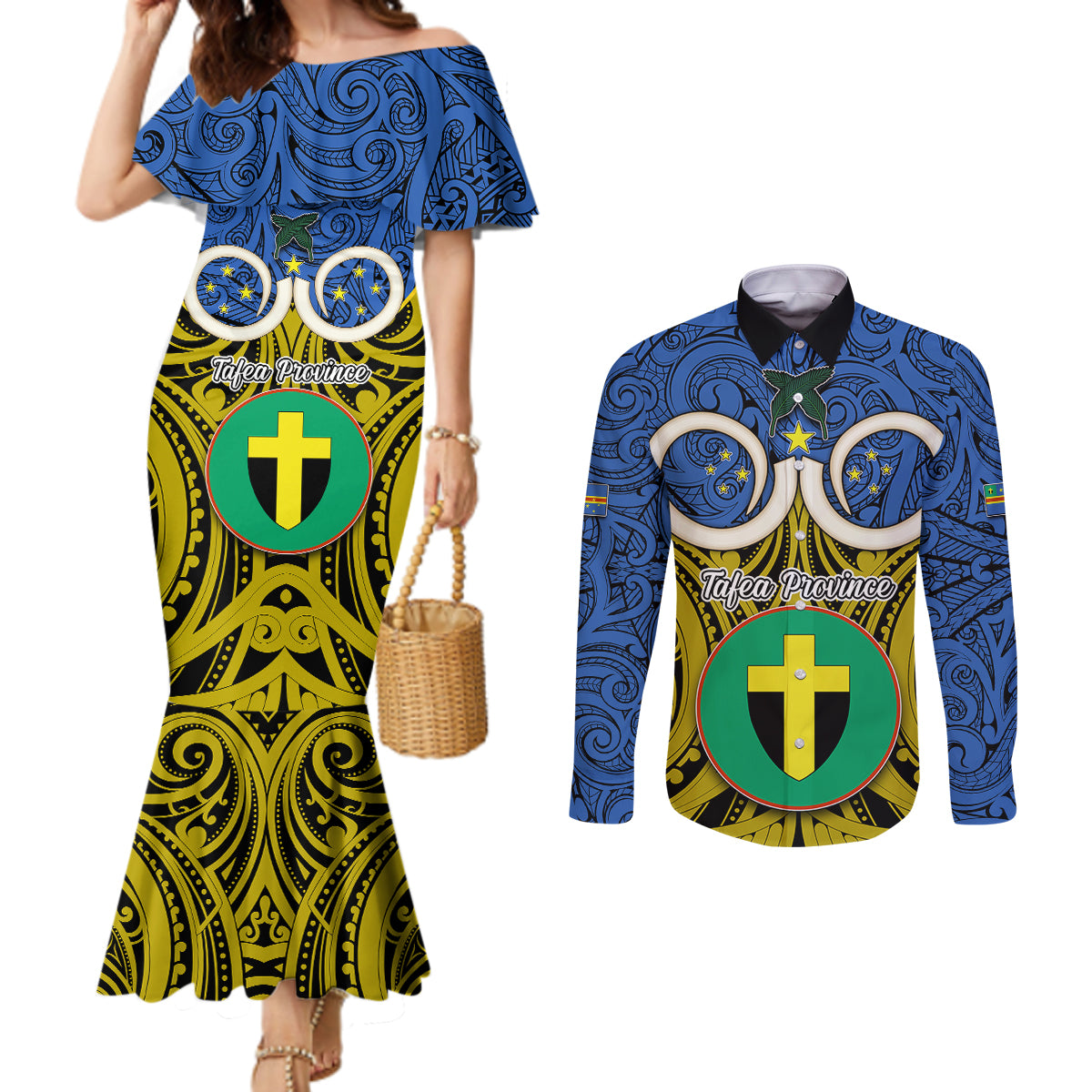 Personalised Vanuatu Tafea Province Couples Matching Mermaid Dress and Long Sleeve Button Shirts Pig Tusk Mix Maori Pattern and Namele Leaf LT03 Blue - Polynesian Pride