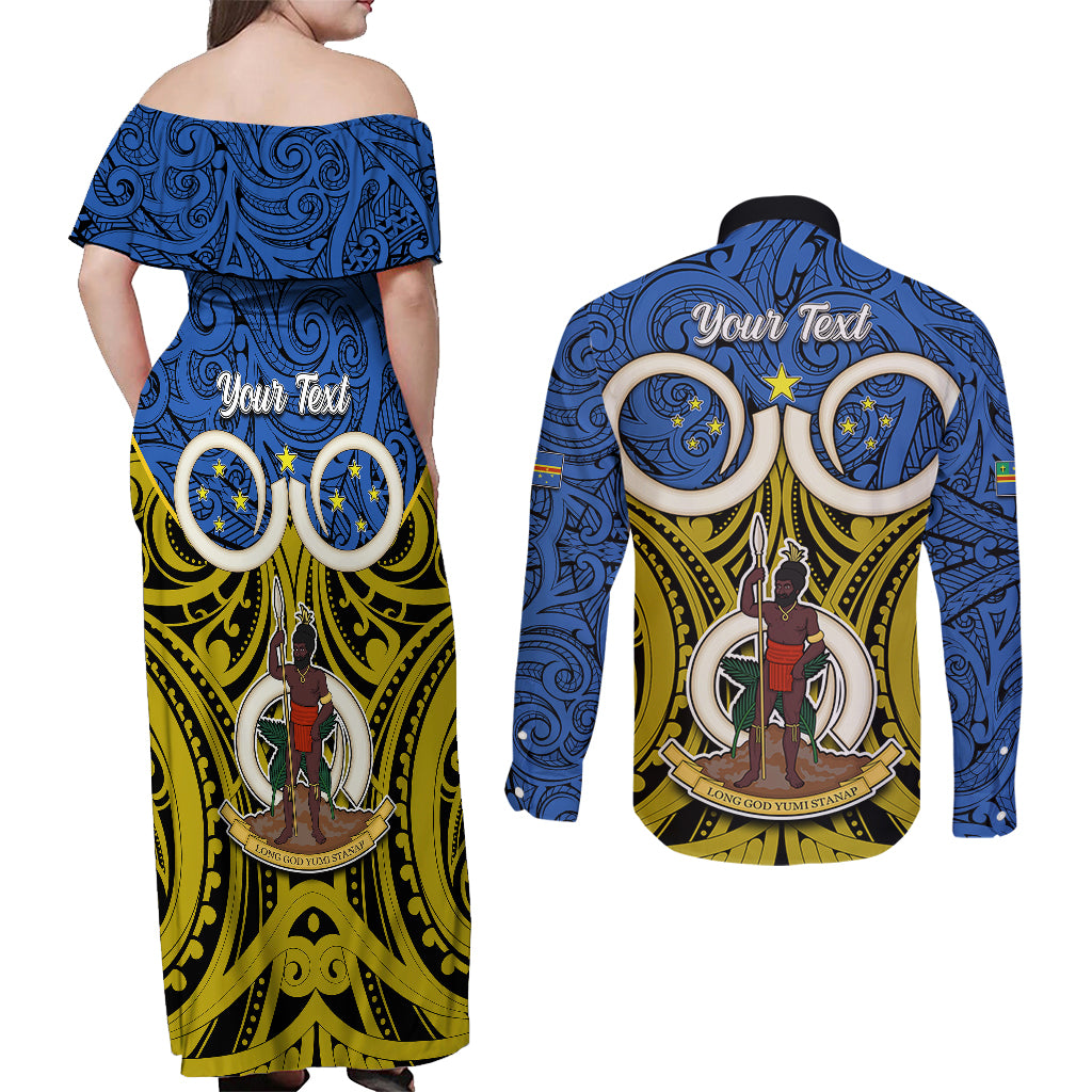 Personalised Vanuatu Tafea Province Couples Matching Off Shoulder Maxi Dress and Long Sleeve Button Shirts Pig Tusk Mix Maori Pattern and Namele Leaf LT03 - Polynesian Pride