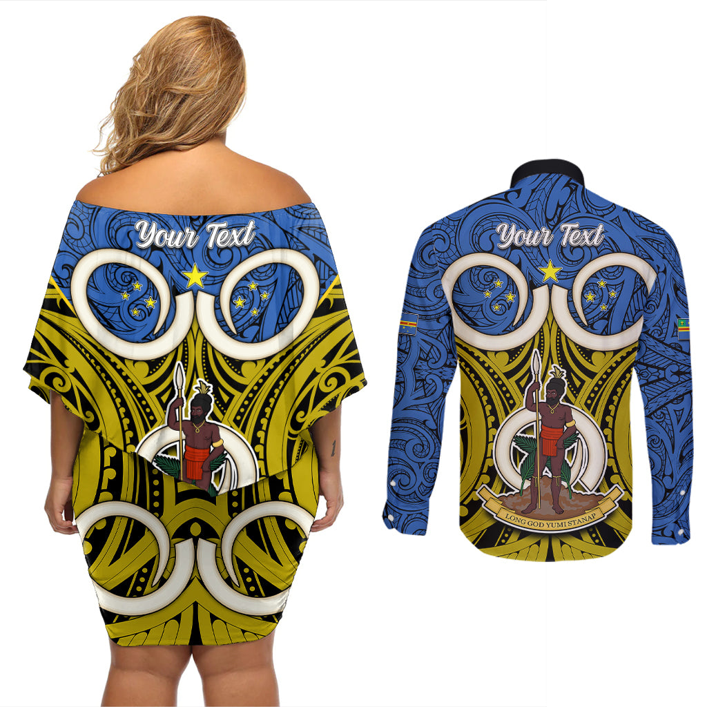 Personalised Vanuatu Tafea Province Couples Matching Off Shoulder Short Dress and Long Sleeve Button Shirts Pig Tusk Mix Maori Pattern and Namele Leaf LT03 - Polynesian Pride