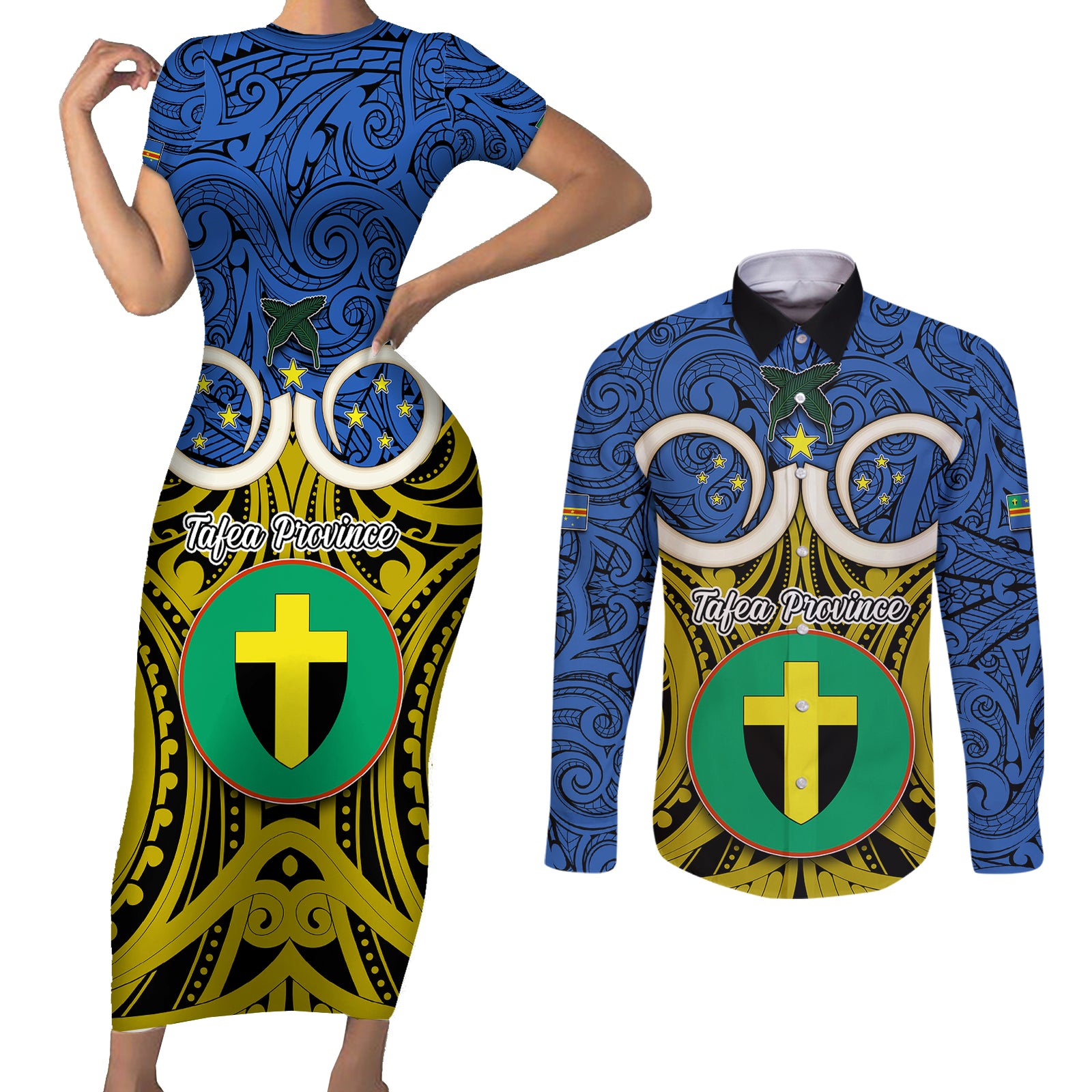 Personalised Vanuatu Tafea Province Couples Matching Short Sleeve Bodycon Dress and Long Sleeve Button Shirts Pig Tusk Mix Maori Pattern and Namele Leaf LT03 Blue - Polynesian Pride