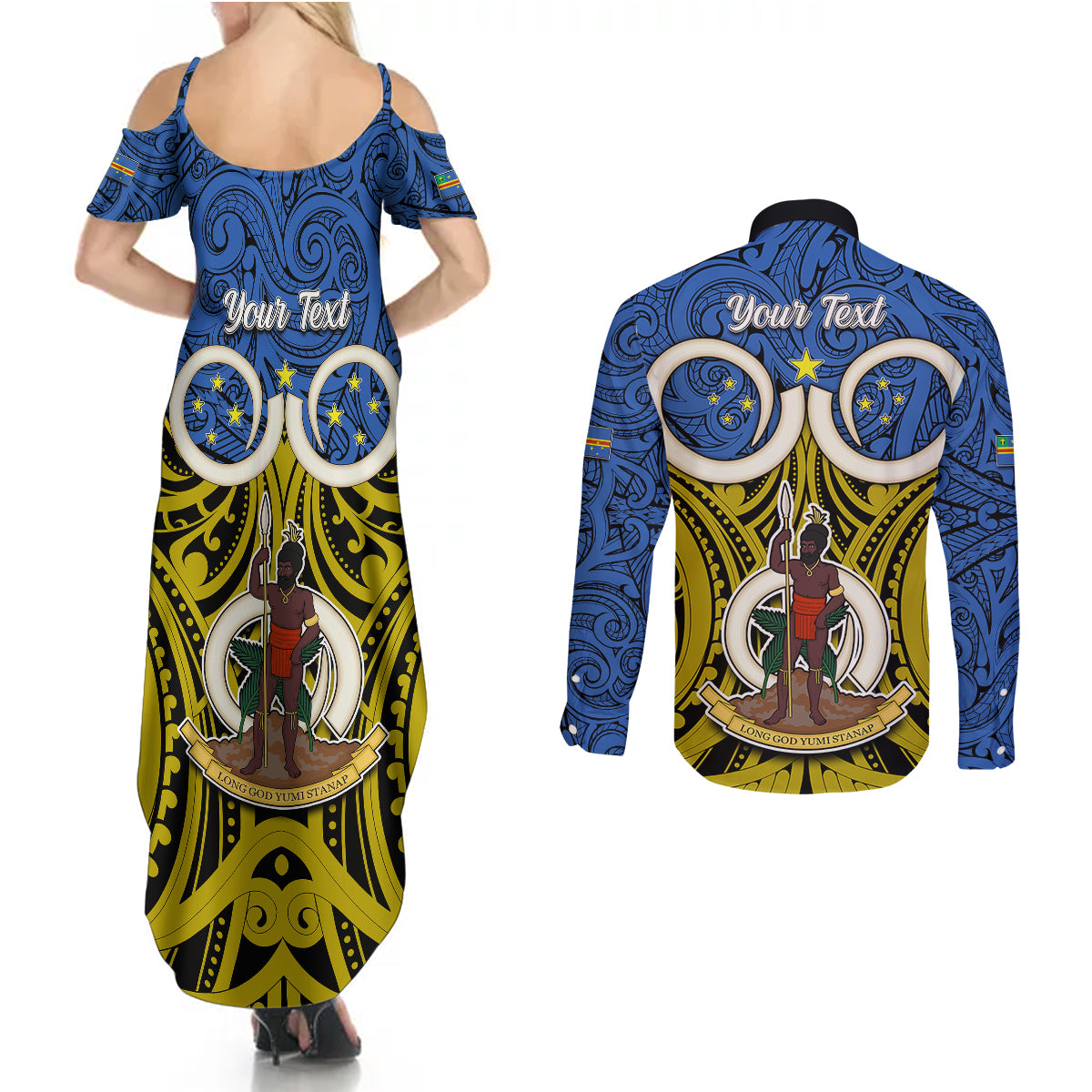 Personalised Vanuatu Tafea Province Couples Matching Summer Maxi Dress and Long Sleeve Button Shirts Pig Tusk Mix Maori Pattern and Namele Leaf LT03 - Polynesian Pride