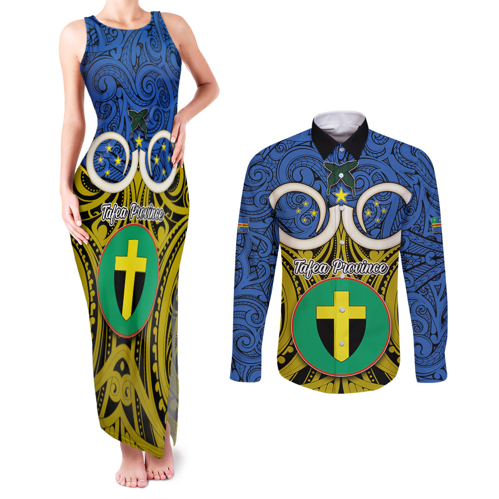 Personalised Vanuatu Tafea Province Couples Matching Tank Maxi Dress and Long Sleeve Button Shirts Pig Tusk Mix Maori Pattern and Namele Leaf LT03 Blue - Polynesian Pride