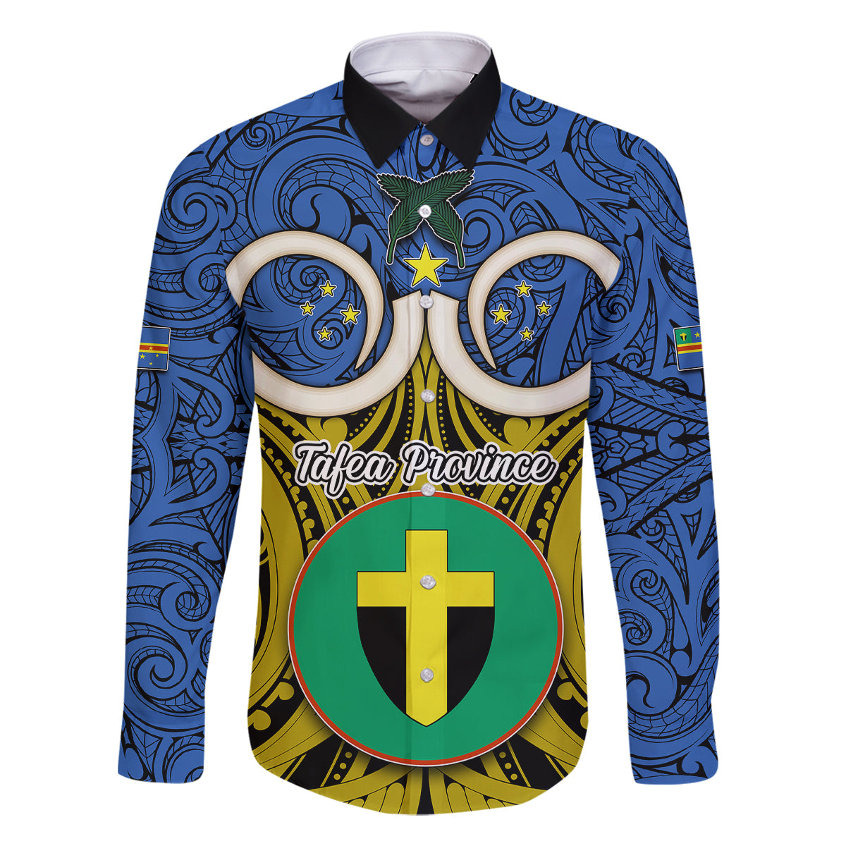 Personalised Vanuatu Tafea Province Family Matching Off Shoulder Long Sleeve Dress and Hawaiian Shirt Pig Tusk Mix Maori Pattern and Namele Leaf LT03 Dad's Shirt - Long Sleeve Blue - Polynesian Pride