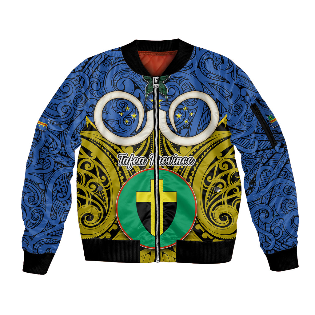 Personalised Vanuatu Tafea Province Sleeve Zip Bomber Jacket Pig Tusk Mix Maori Pattern and Namele Leaf LT03 Unisex Blue - Polynesian Pride